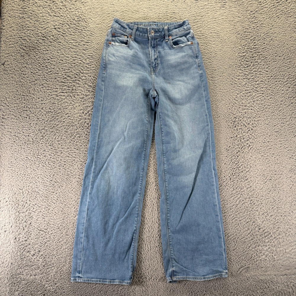 American Eagle Outfitters Jeans Women 000 Blue Cotton Denim Wide-Leg Baggy Faded